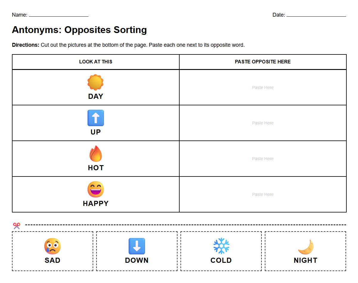 Antonyms Cut and Paste Sorting Worksheet for Early Literacy