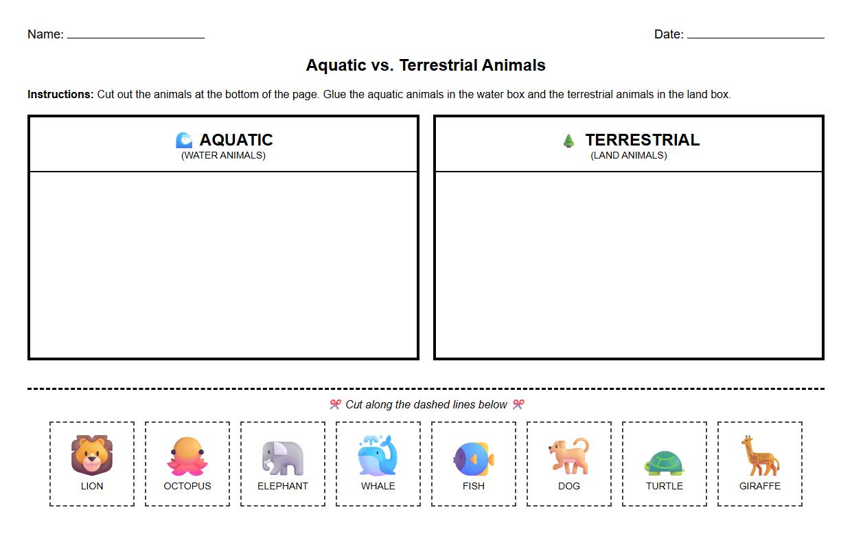 Aquatic vs Terrestrial Animals Classification Worksheet