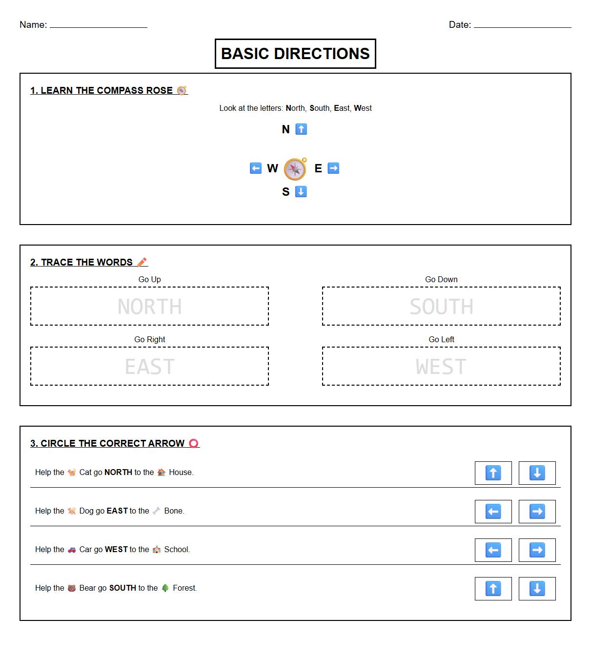 Basic Compass Directions Vocabulary Worksheet