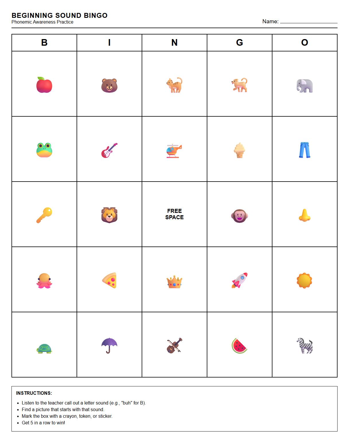 Beginning Sound Bingo for Phonemic Awareness