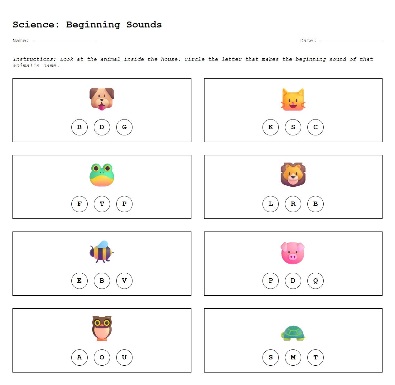 Beginning Sounds Animal House Identification