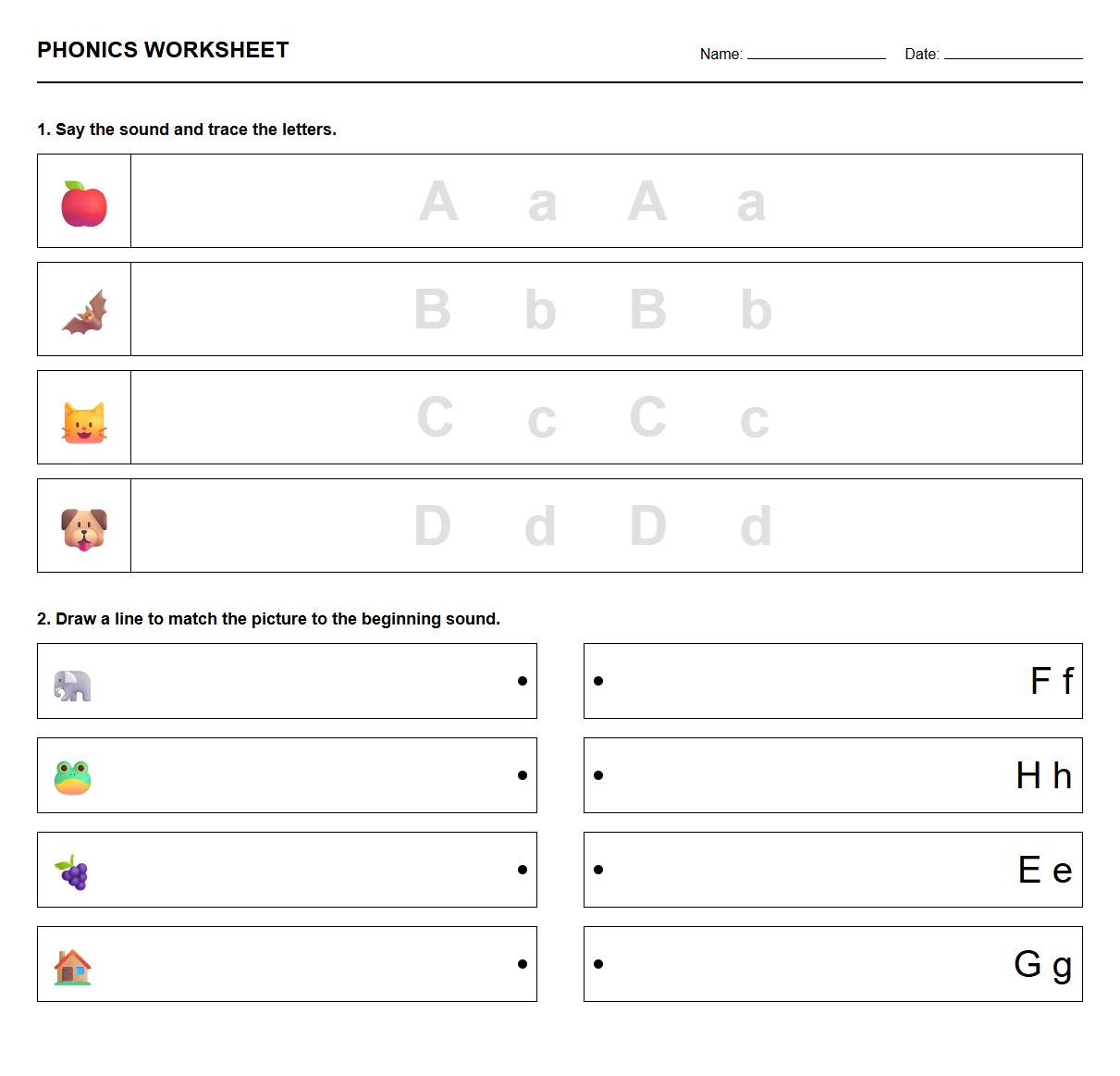 Beginning Sounds Phonics Tracing and Matching Worksheet