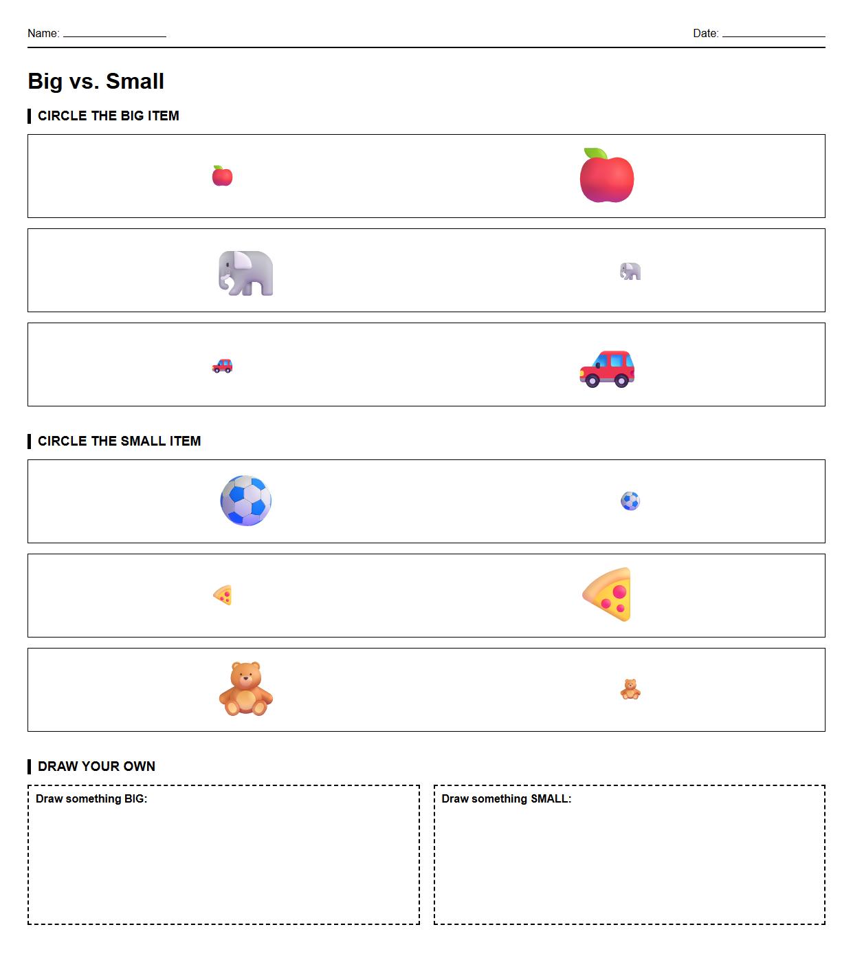 Big vs Small Item Classification Worksheet