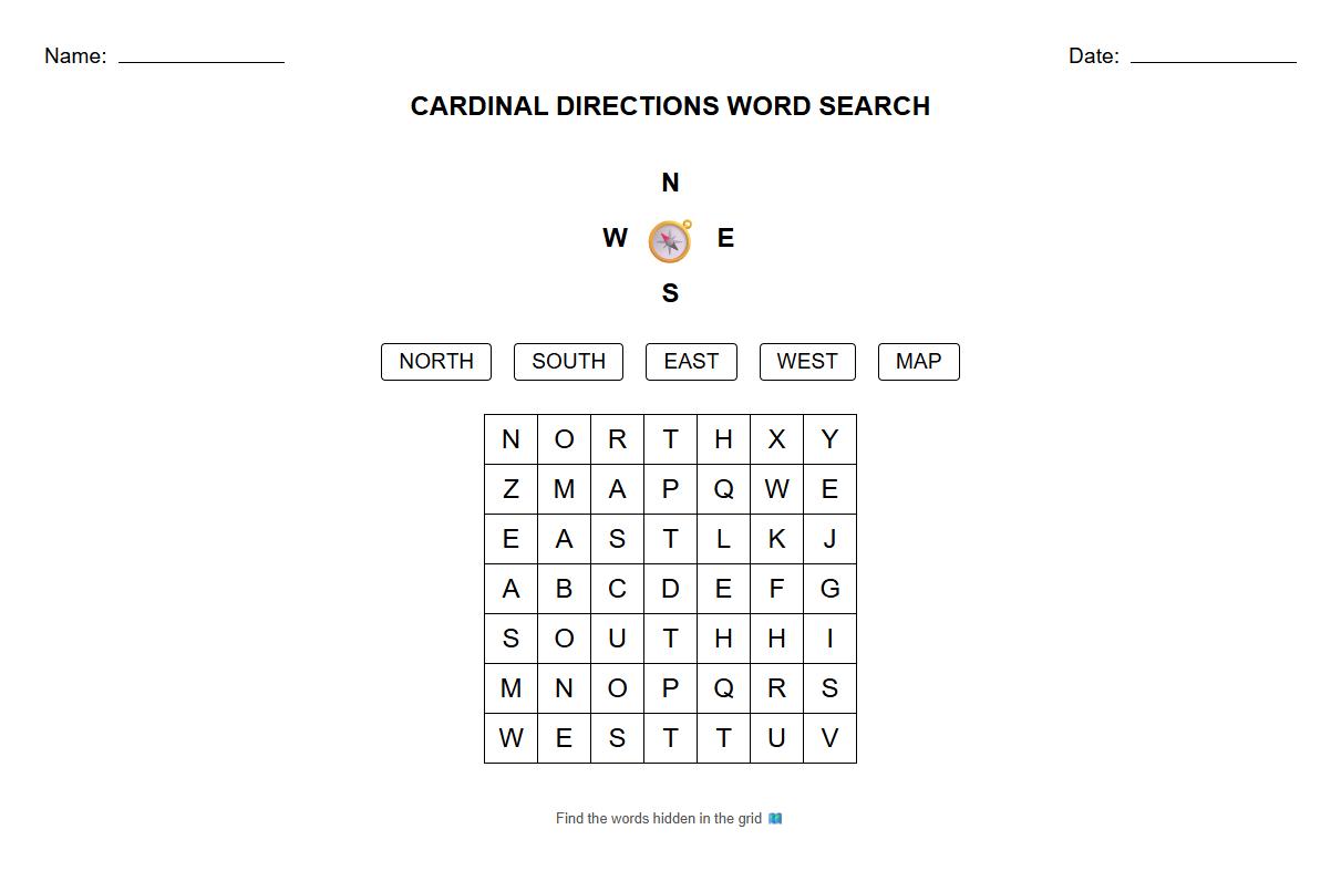 Cardinal Directions Word Search Activity Worksheet