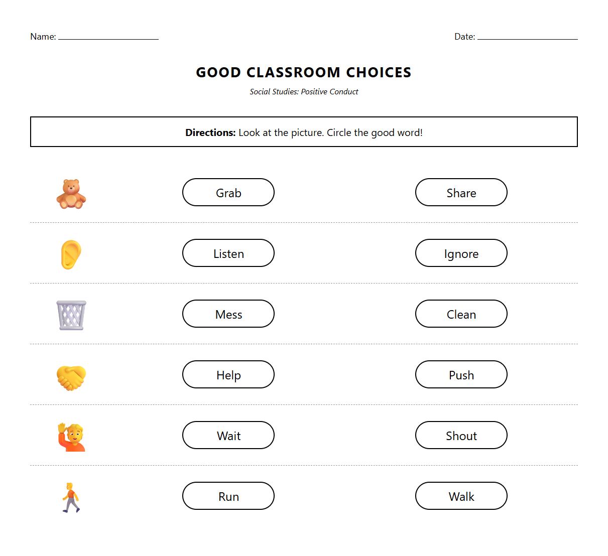 Choose the Correct Word Worksheet for Positive Classroom Conduct