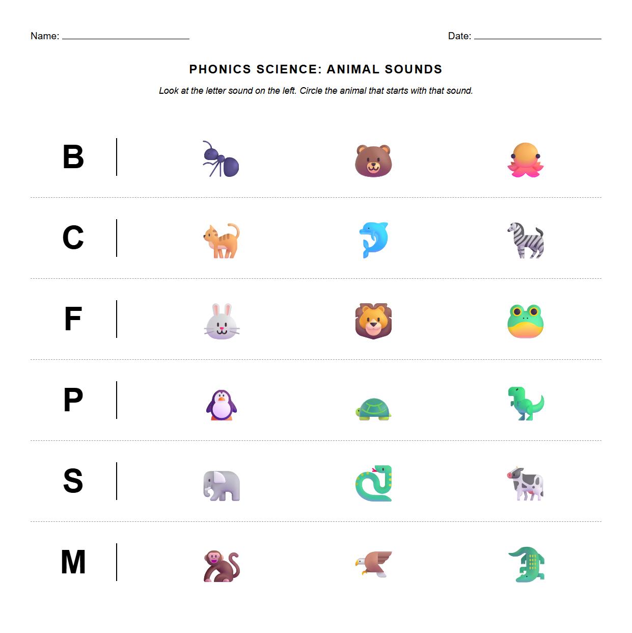 Circle the Correct Animal Based on Phonics Clues Worksheet