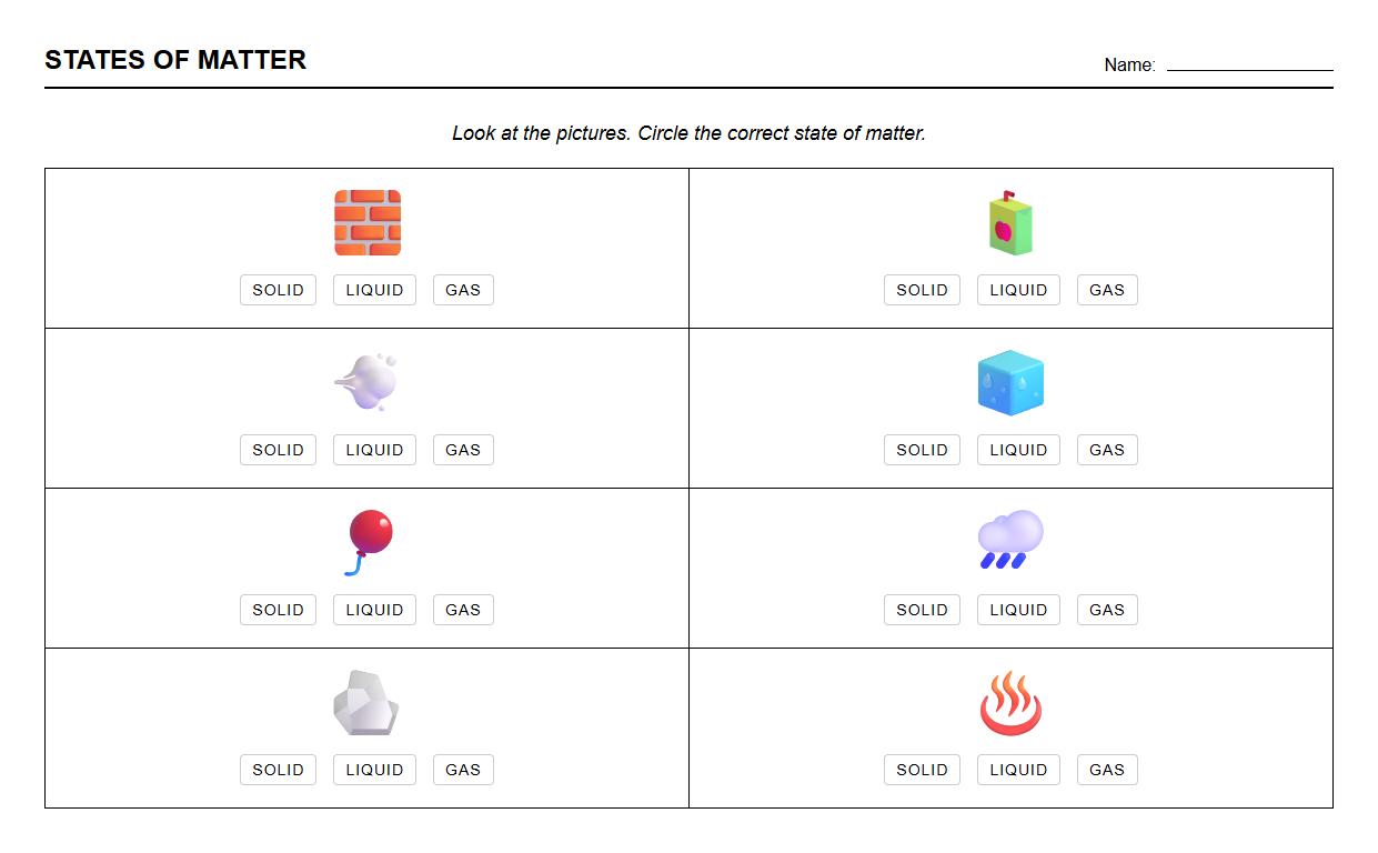 Circle the Correct State of Matter Visual Worksheet