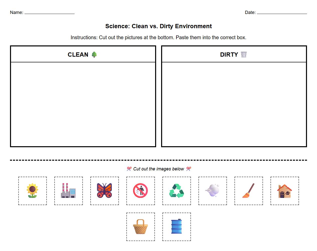 Clean vs Dirty Environment Image Sorting Activity