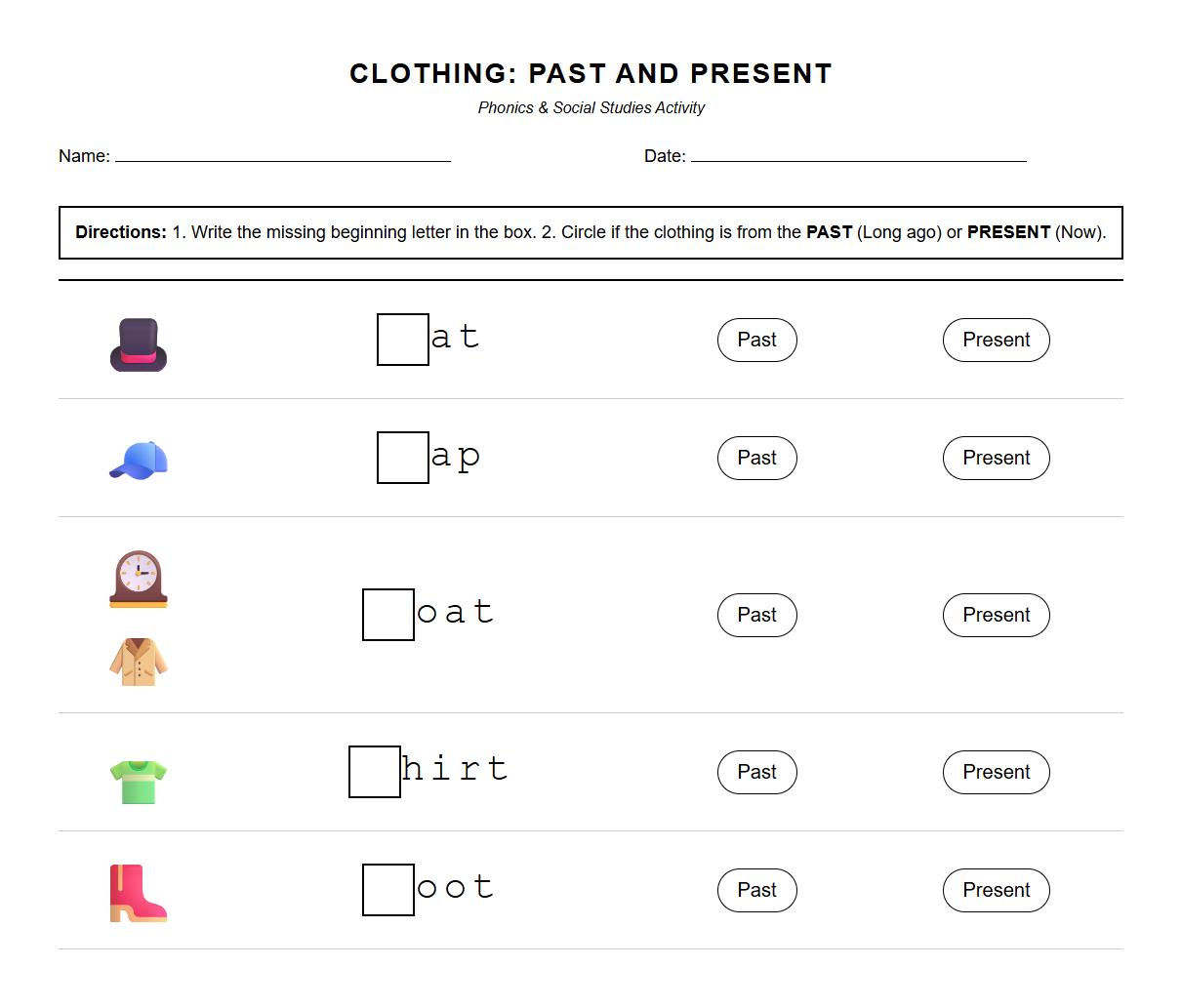 Clothing Comparison Phonics Worksheet: Past and Present