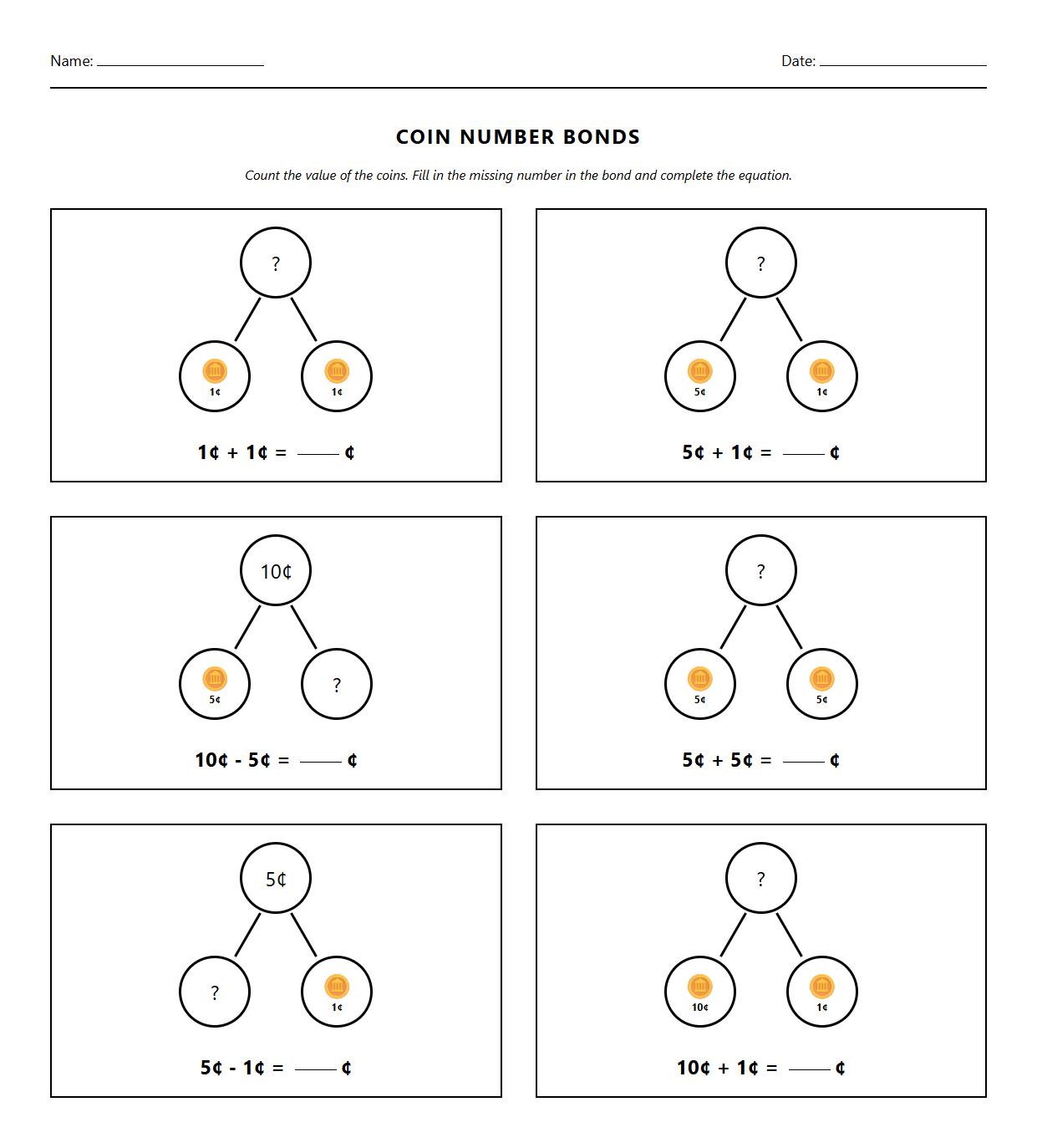 Coin Addition and Subtraction with Number Bond Models Worksheet