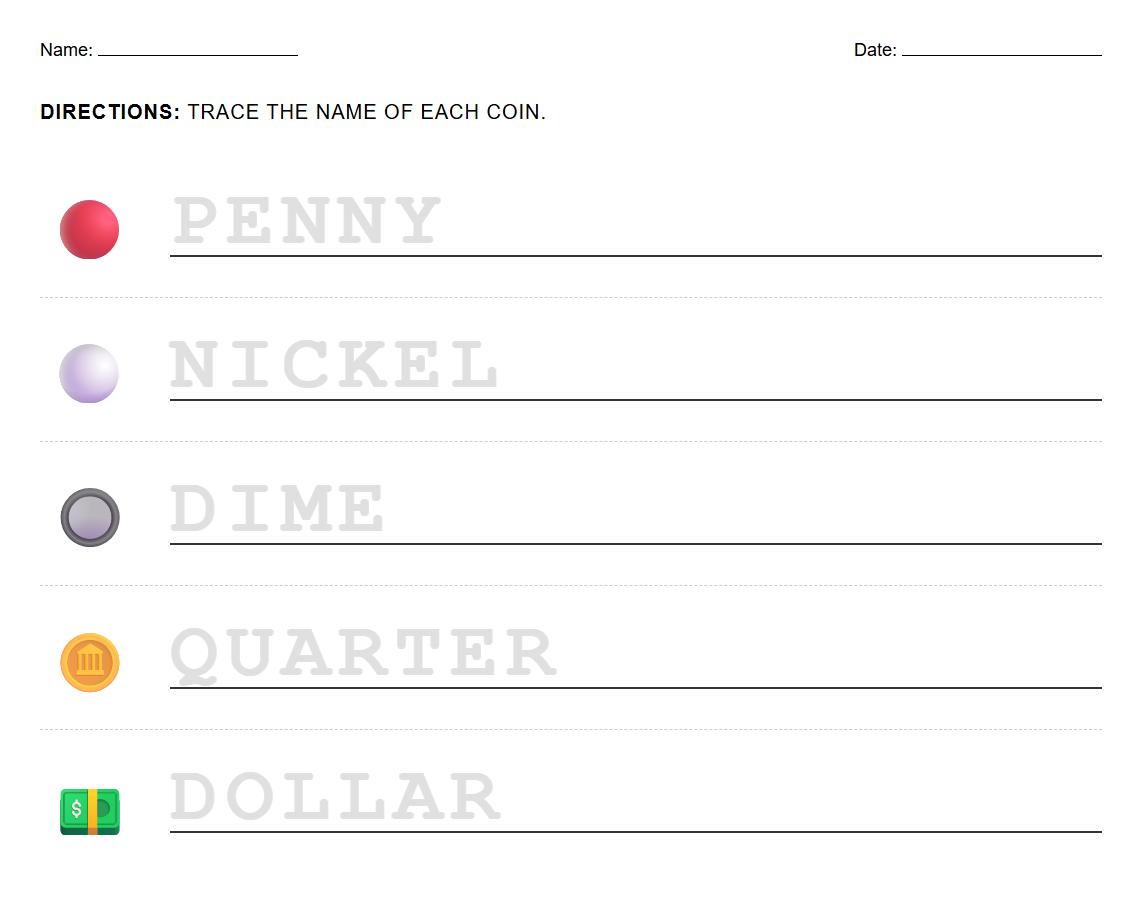 Coin Name Tracing Fine Motor Worksheet