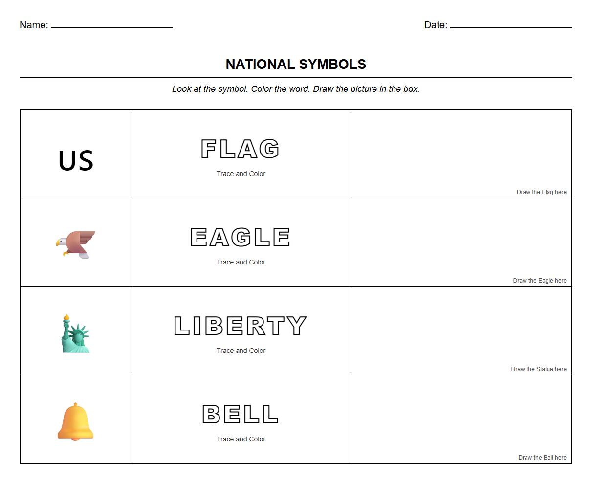 Color and Identify National Emblem Vocabulary Worksheet