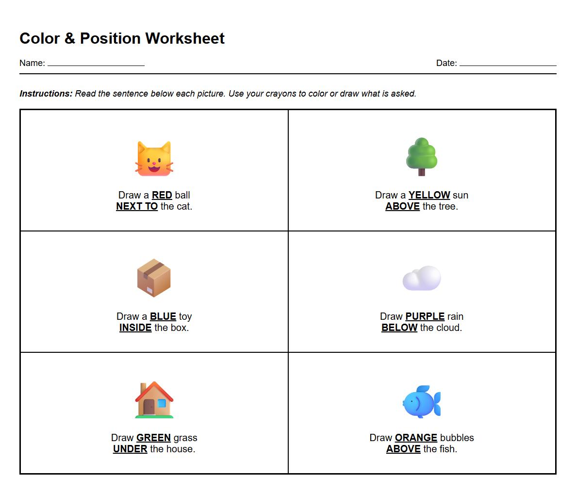 Color Matching with Positional Words Activity