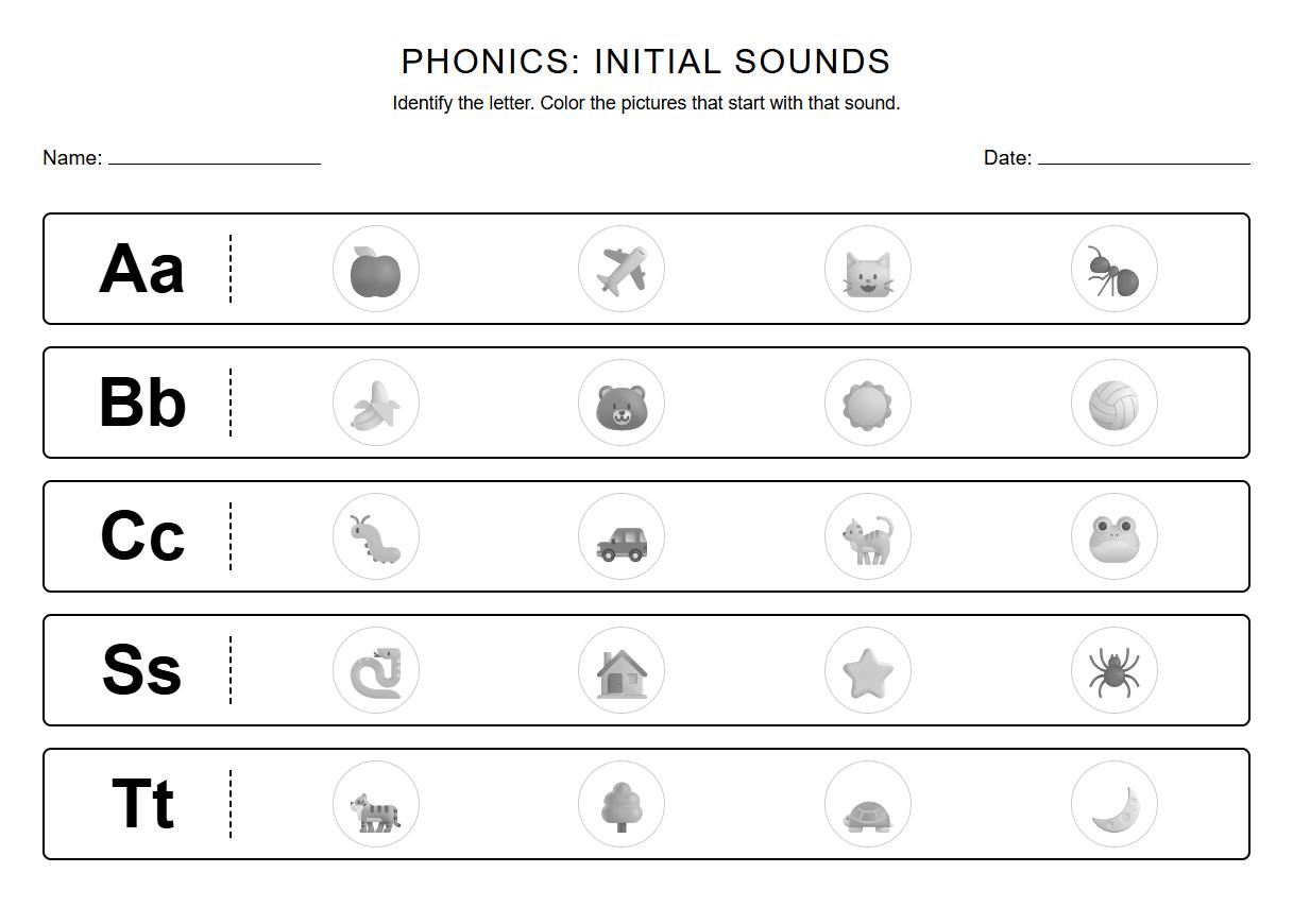 Color by Phonics Initial Sound Activity Sheets