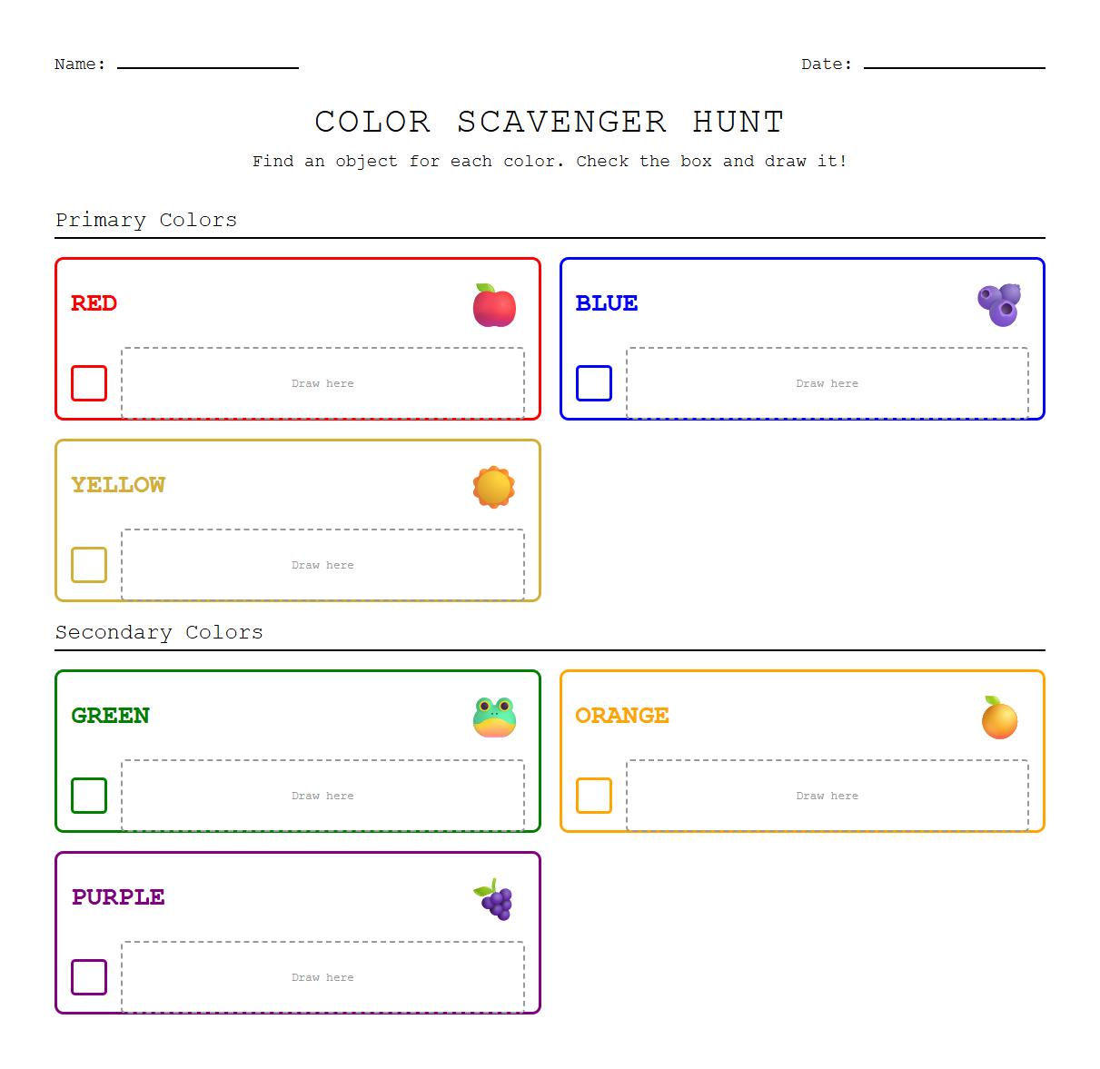 Color Scavenger Hunt Worksheet Focusing on Primary and Secondary Color Discovery