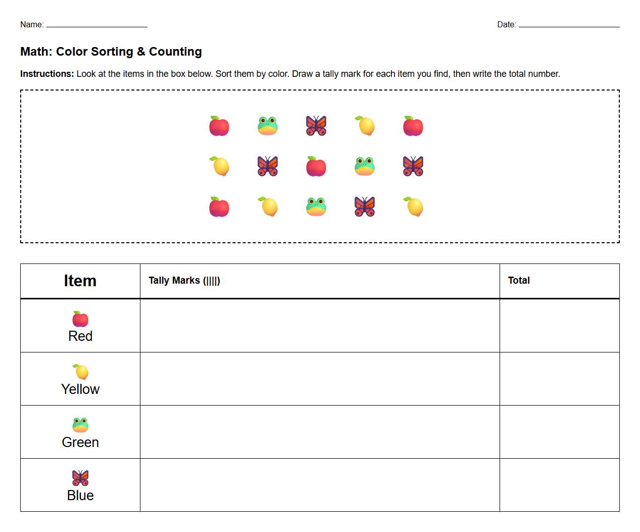 Color Sorting Visual Tally Chart