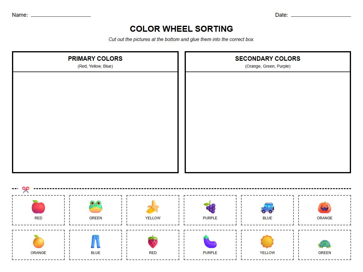 Color Wheel Sorting Worksheet with Primary and Secondary Color Sections