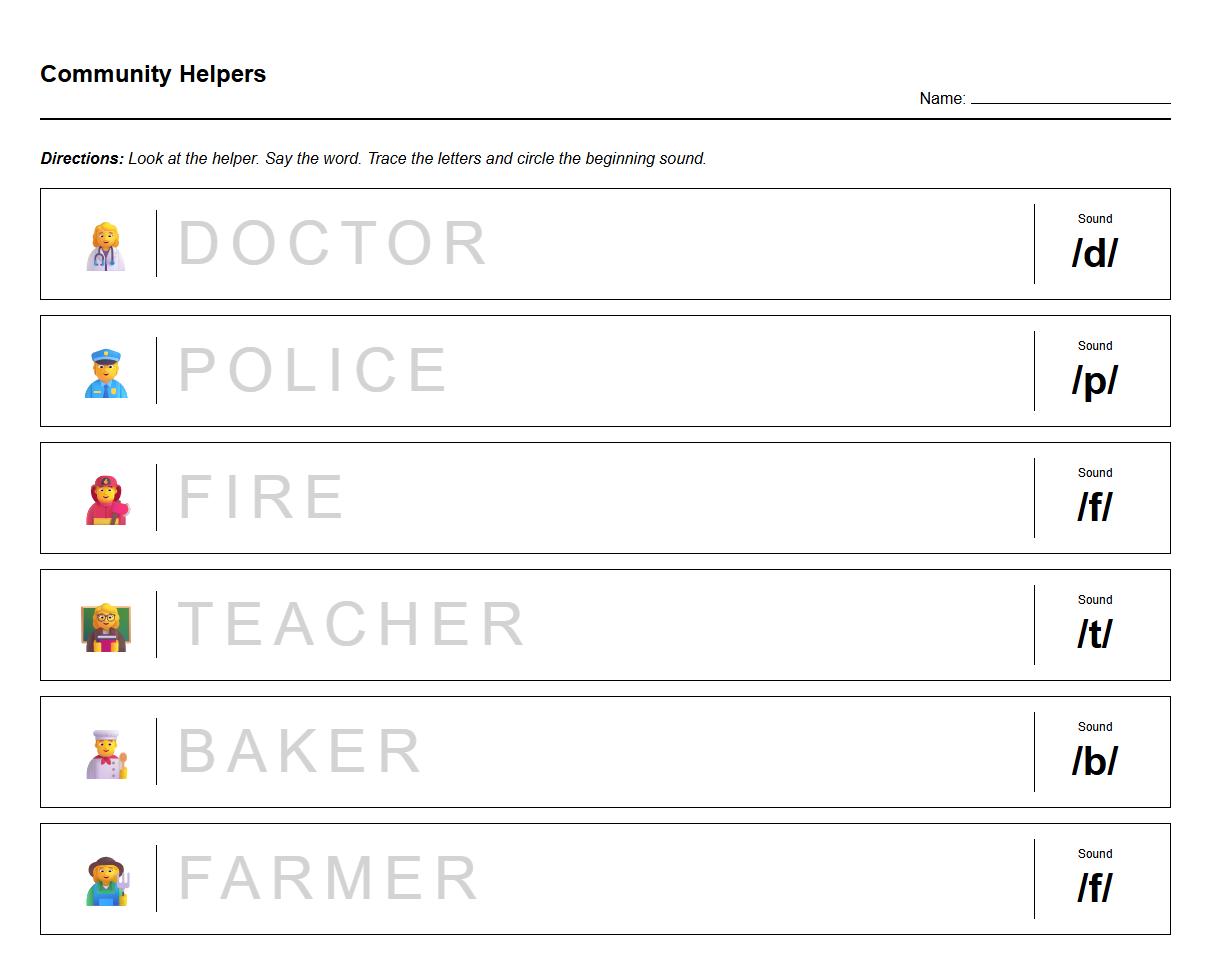 Community Helper Tracing Activity for Grapheme and Phoneme Identification