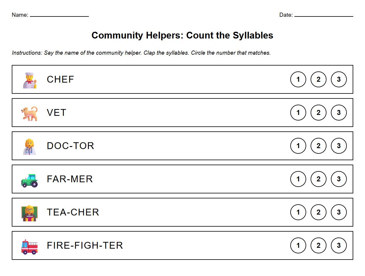 Community Helpers Syllable Counting Exercise