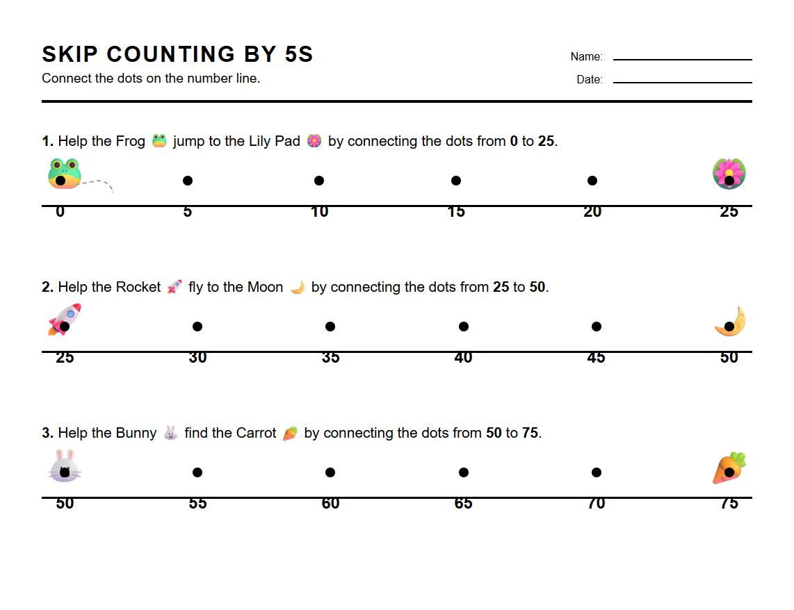 Connecting Dots in Sequence by 5s on Number Line Worksheet
