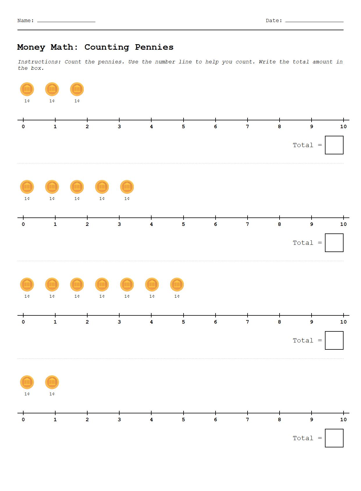 Counting Coins Using Number Line Worksheet