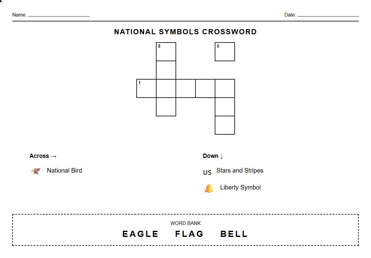 Crossword Puzzle National Symbols Vocabulary Worksheet