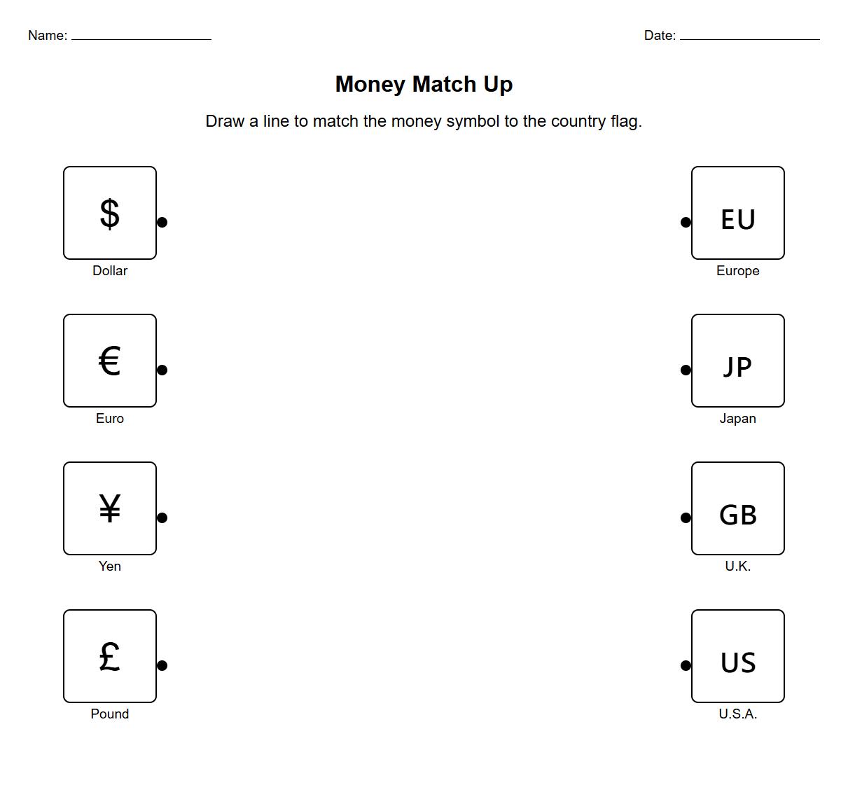 Currency Symbol and Country Correlation Worksheet