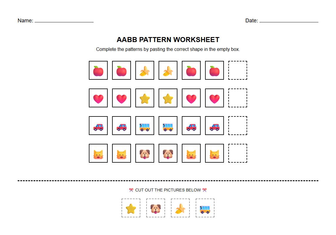 Cut and Paste AABB Pattern Formation Worksheet