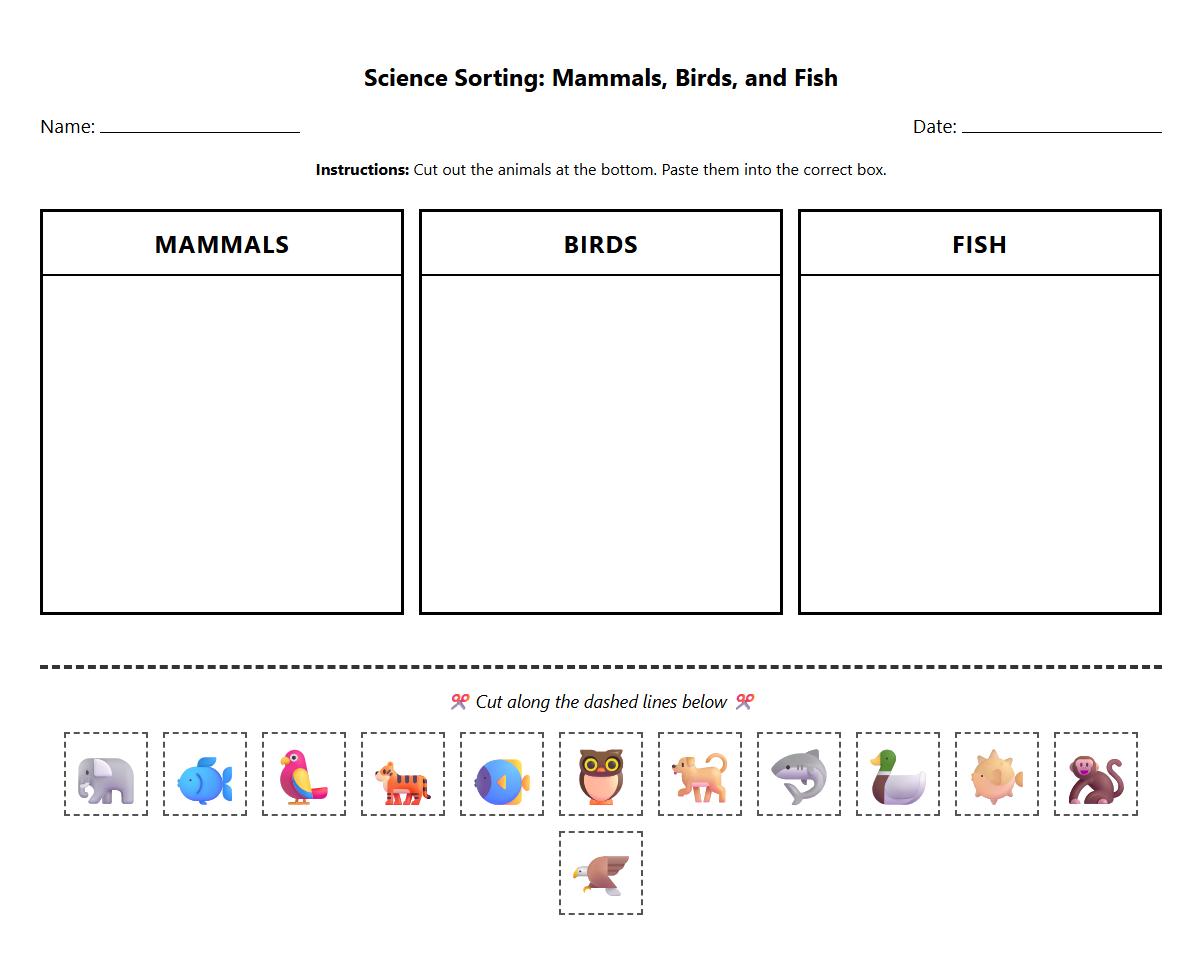 Cut and Paste Activity for Mammals Birds Fish