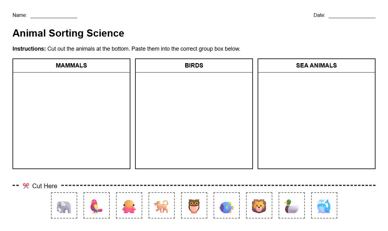 Cut and Paste Activity Worksheet for Animal Group Identification