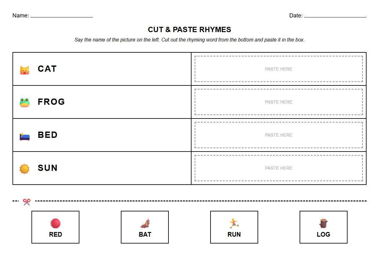 Cut and Paste CVC Rhyming Words Worksheet
