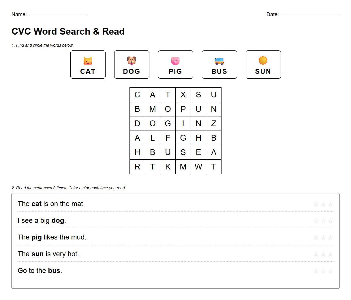 CVC Word Search Reading Fluency Sheet