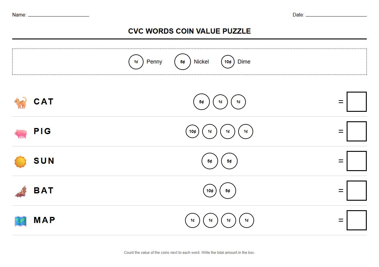 CVC Words Coin Value Puzzle Sheet