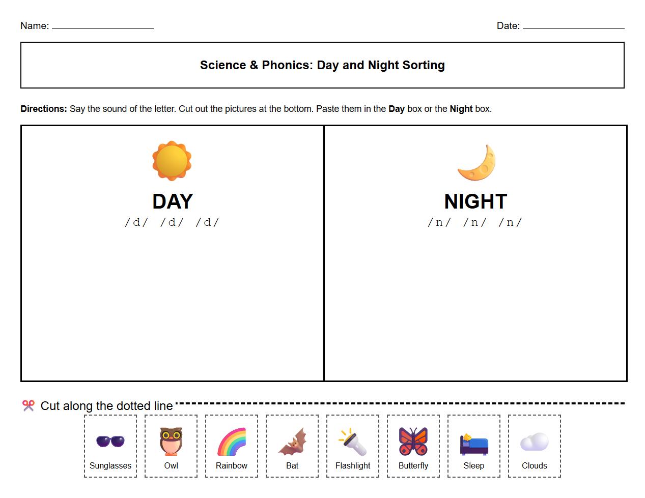 Day and Night Object Classification Using Visual Phonics Worksheet