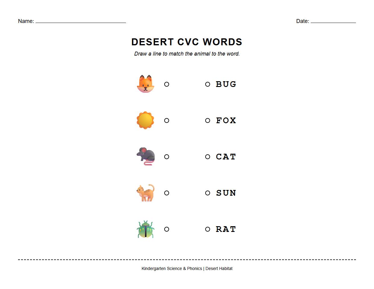 Desert Animal Habitat Matching Worksheet Incorporating CVC Phonics Words