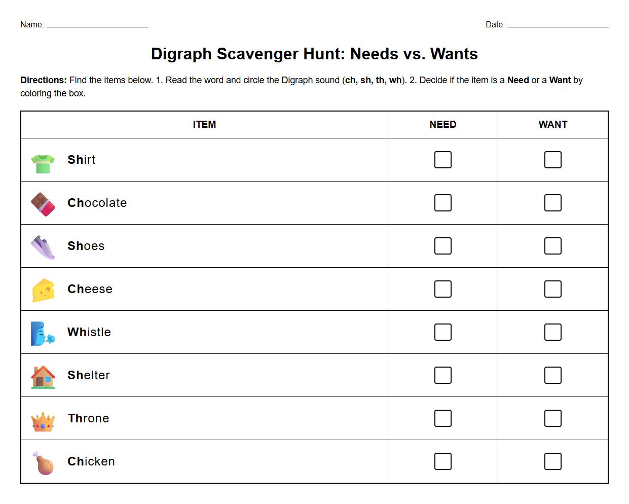 Digraph Sound Needs versus Wants Scavenger Hunt
