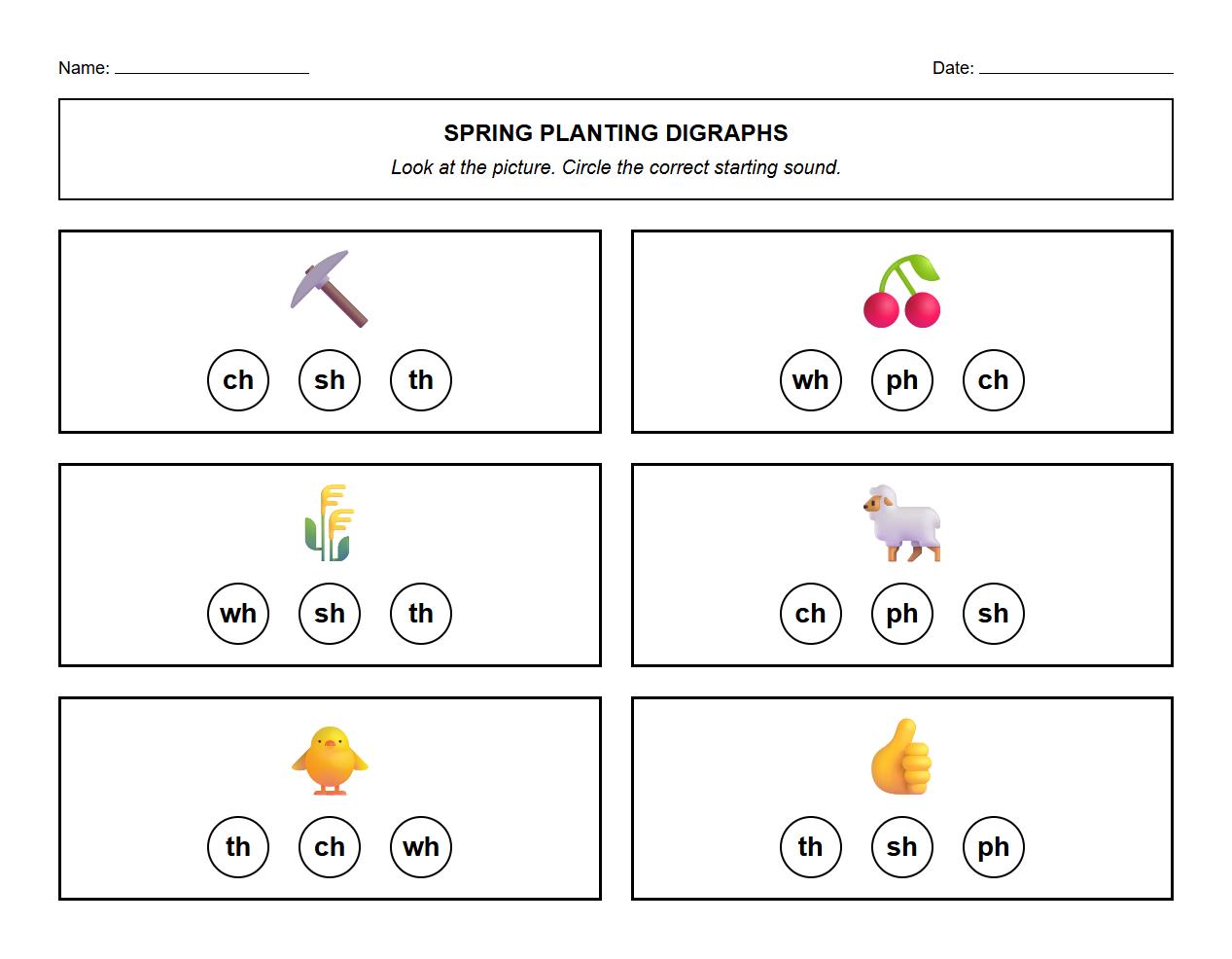 Digraphs Recognition Activity with Spring Planting Pictures