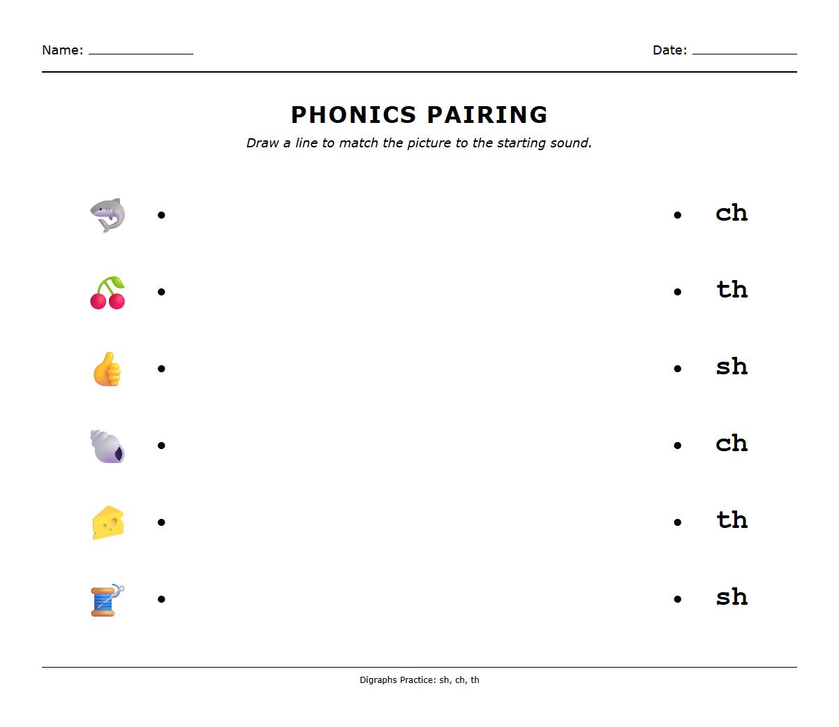 Digraphs sh ch th Phonics Pairing Worksheet