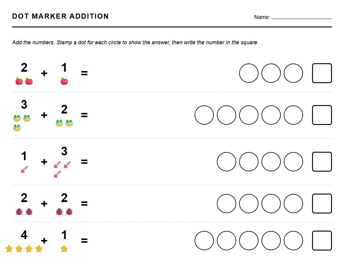 Dot Marker Addition Practice Sheet