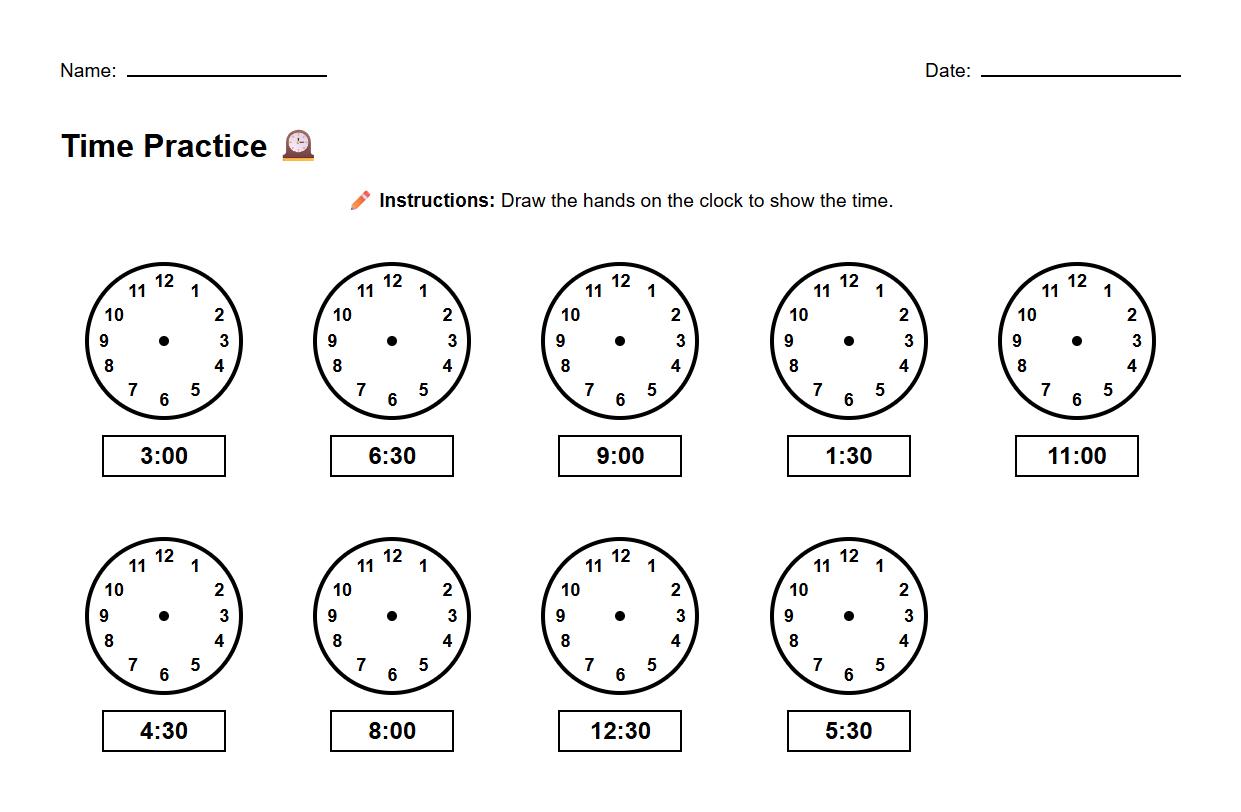 Draw Hands on Blank Clock Hour and Half Hour Practice
