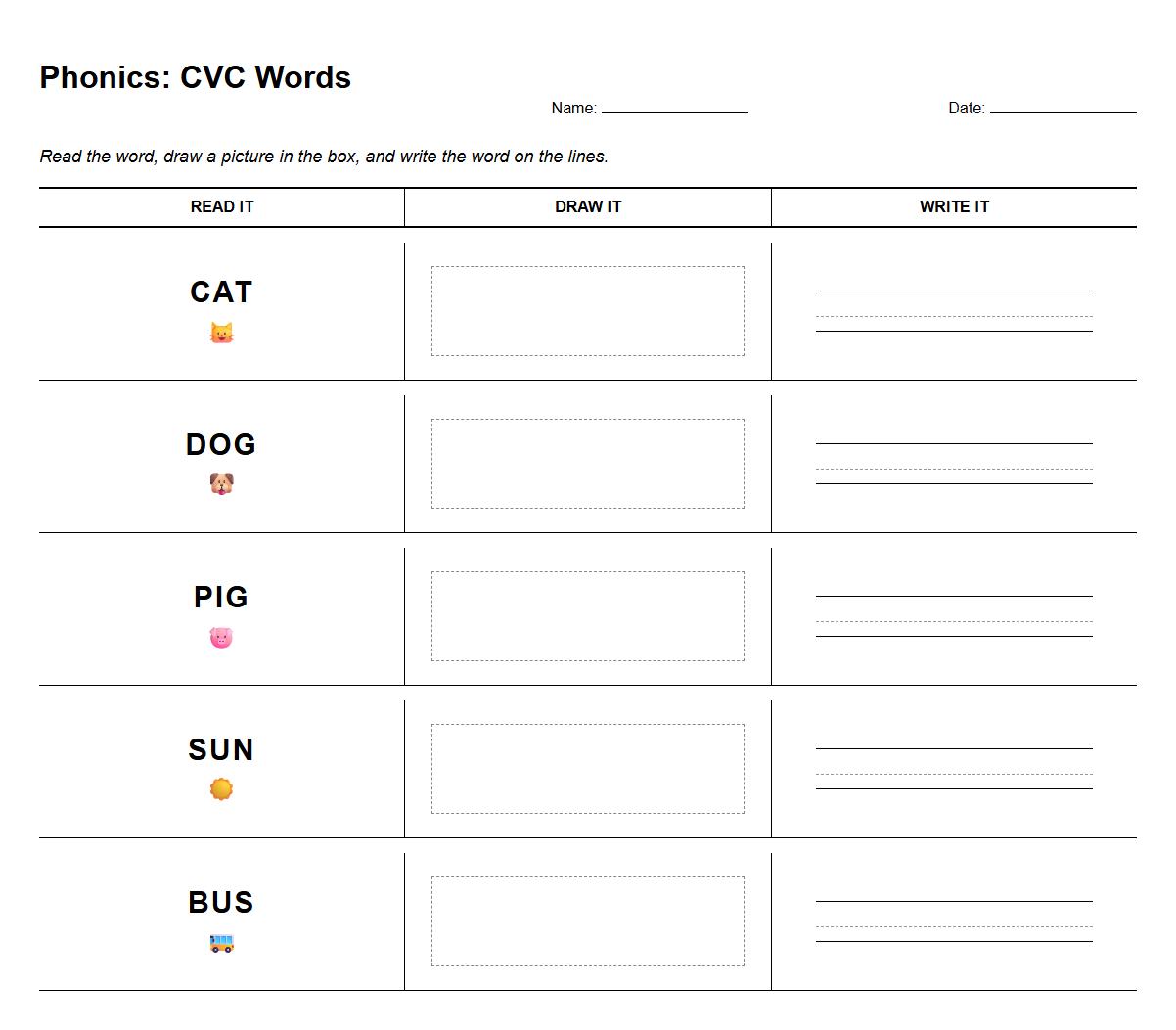 Draw and Label CVC Words Phonics Task