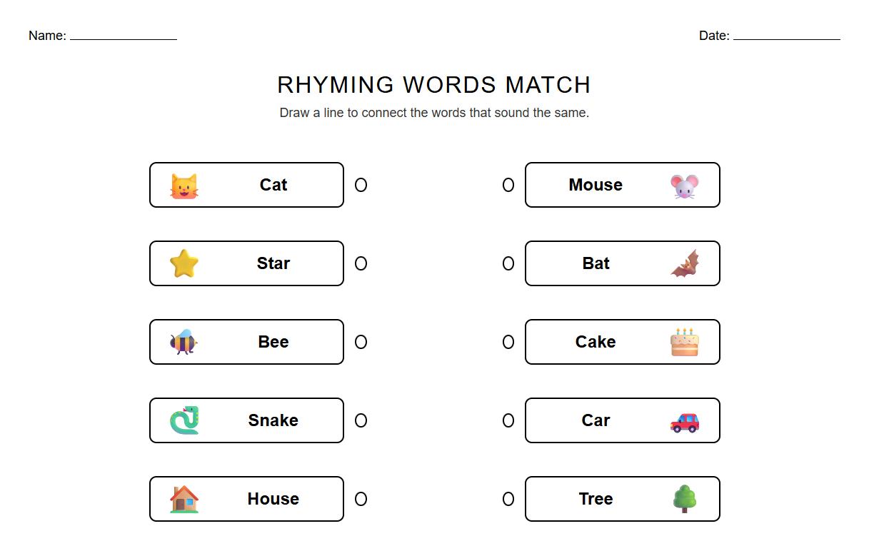 Draw a Line to Rhyming Words Practice