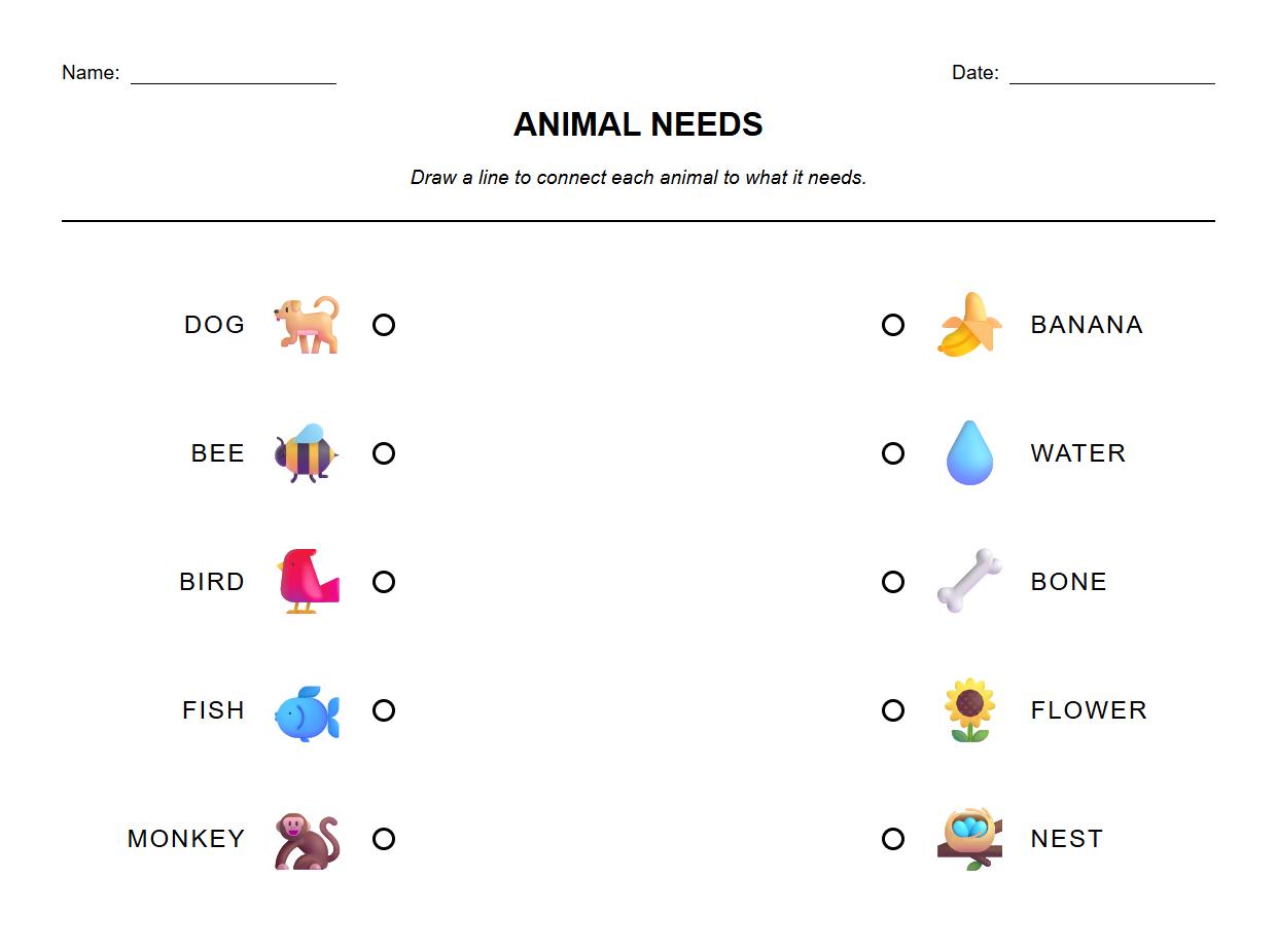 Draw Lines to Connect Animals with Their Needs Worksheet