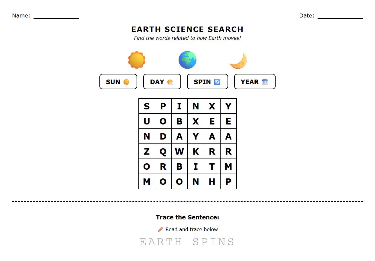 Earth Rotation and Revolution Phonics Word Search Activity