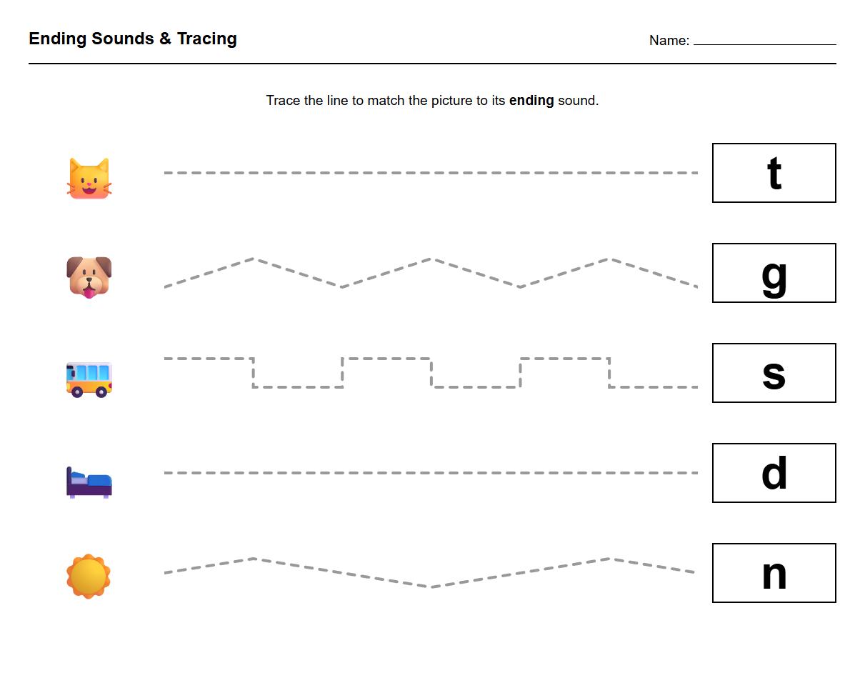 Ending Sound Phonics Line Tracing Practice
