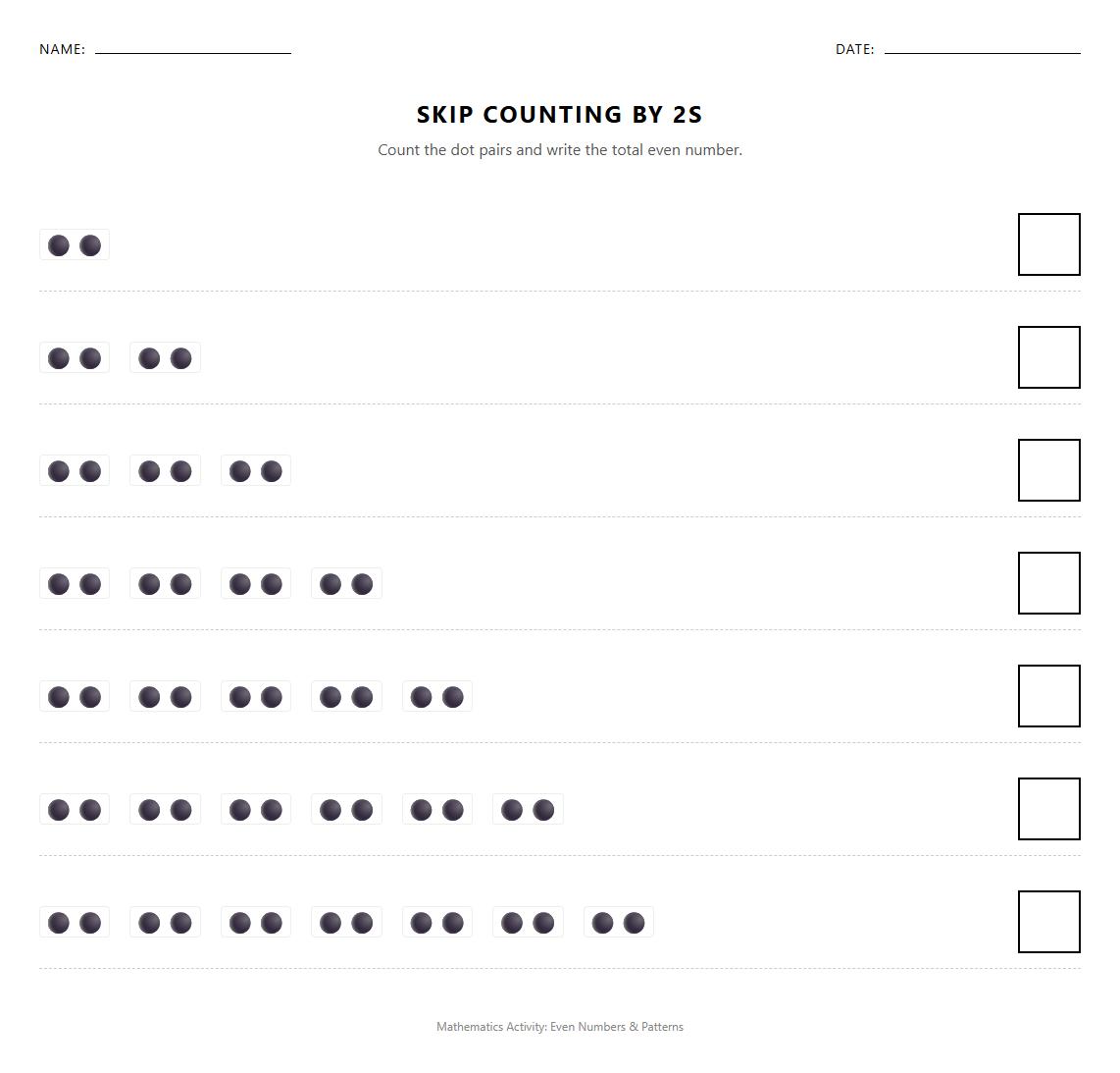Even Number Dot Pattern Visual Worksheet for Skip Counting