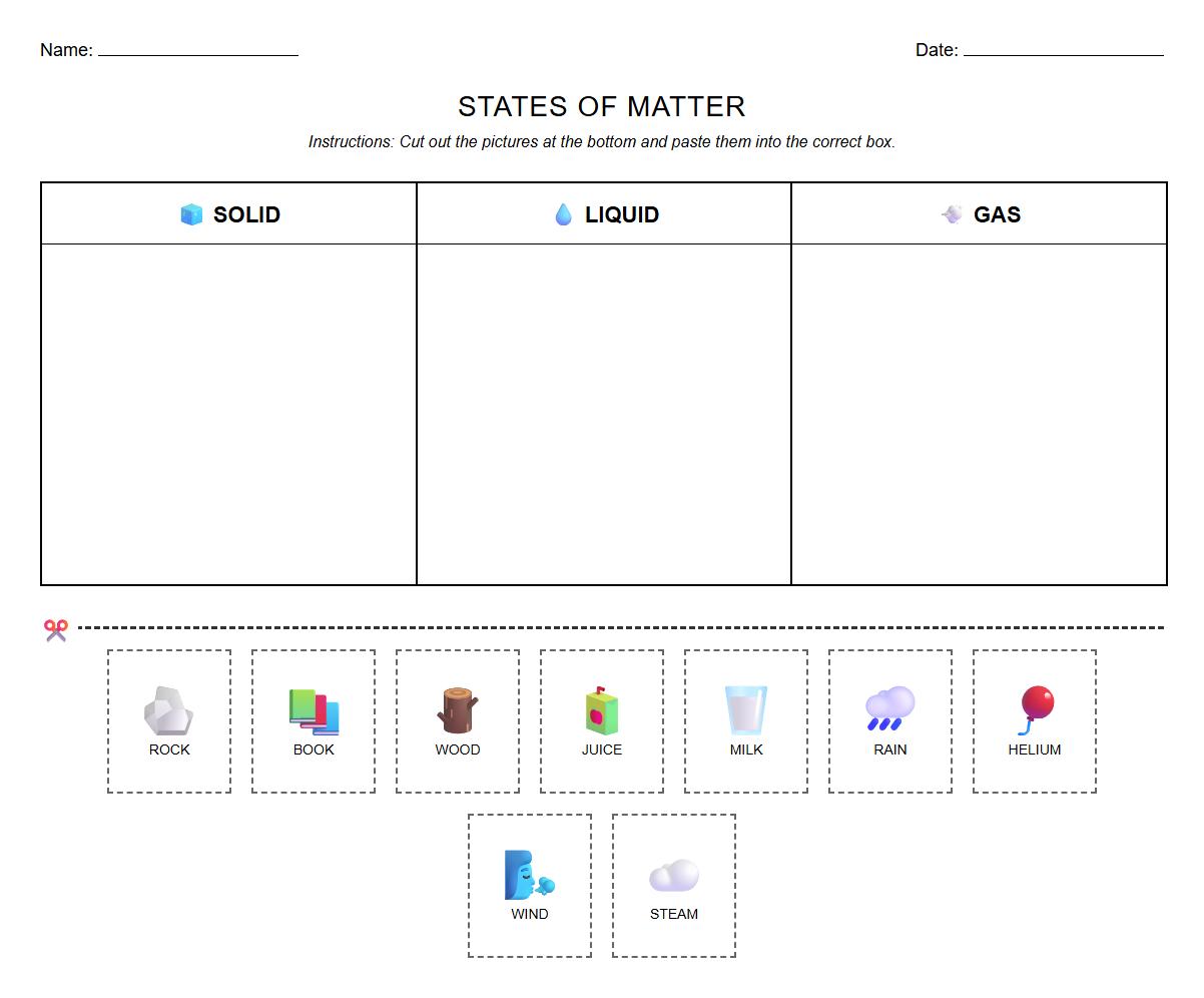 Everyday Materials States of Matter Categorization Exercise