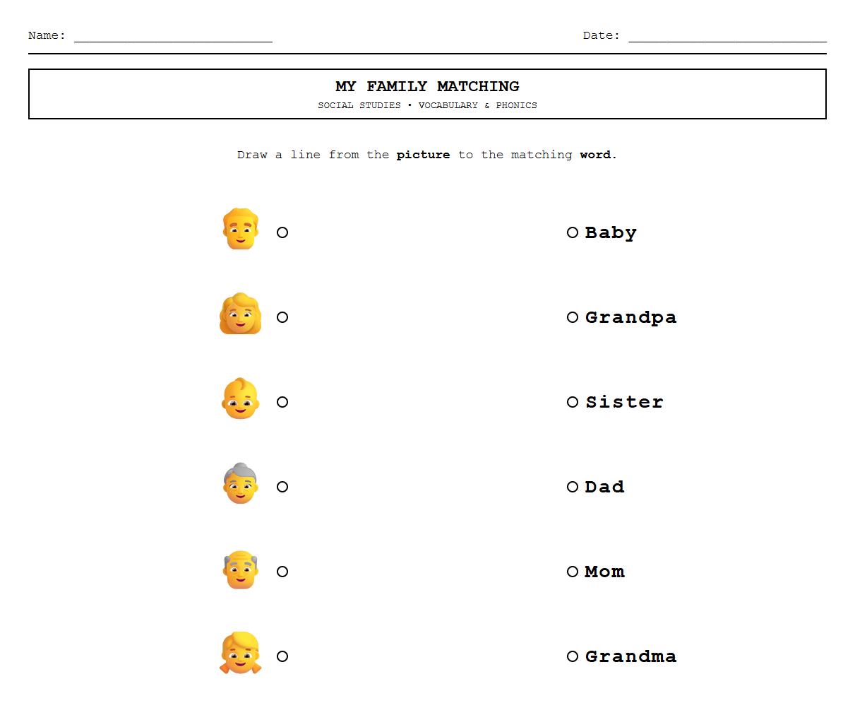 Family Members Vocabulary Matching Phonics Worksheet