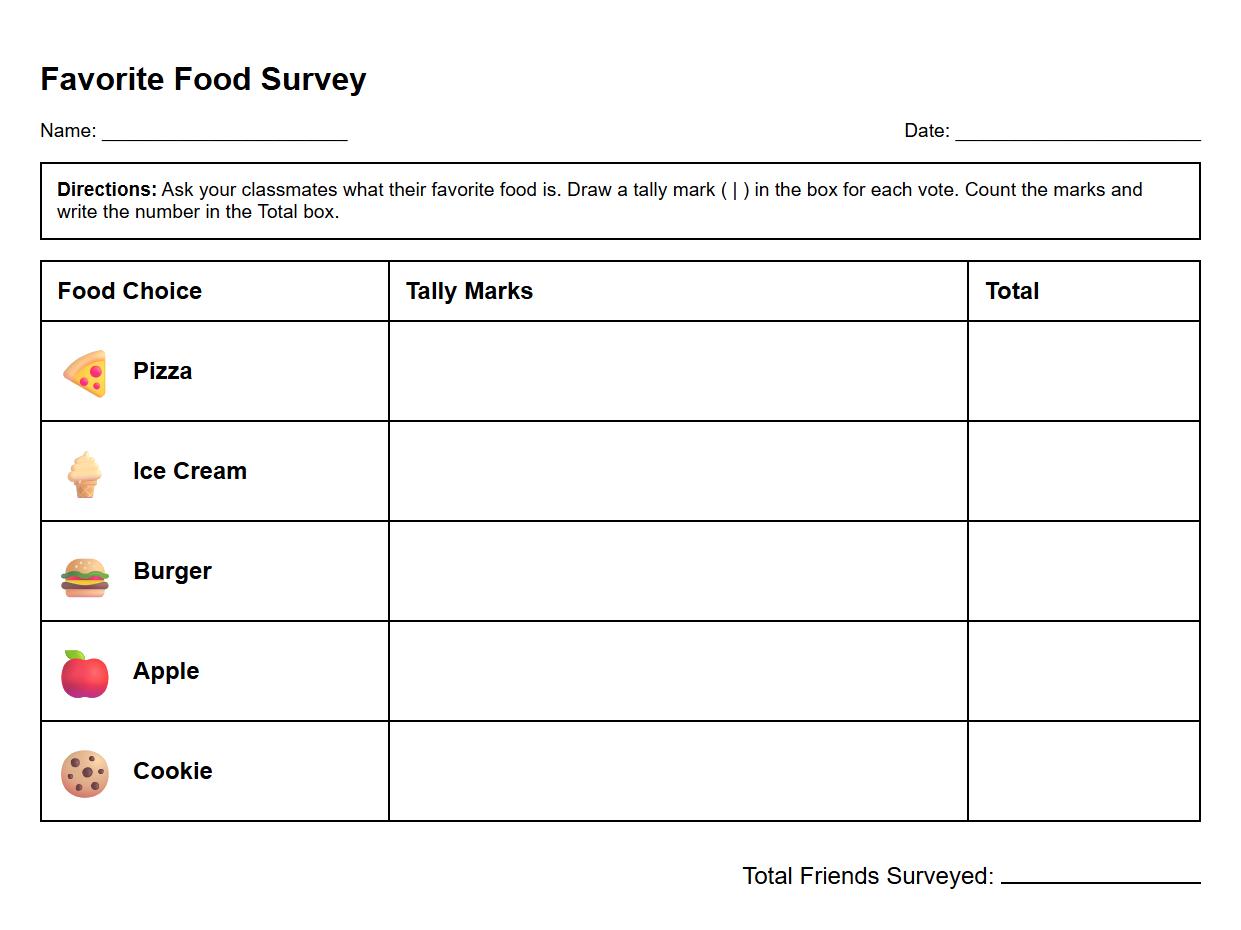 Favorite Food Survey Tally Mark Worksheet