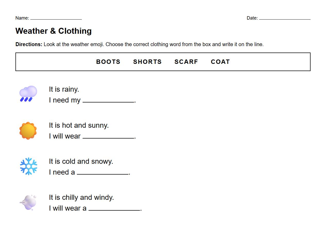 Fill in the Blank Exercise Clothing Names for Different Weather